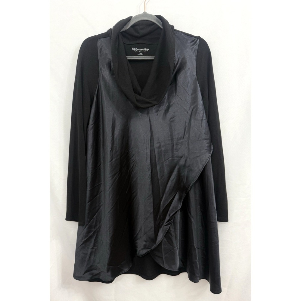 Soft Surroundings Black Tunic Top with Satin Panel Front Cowl Neck Womens Size L